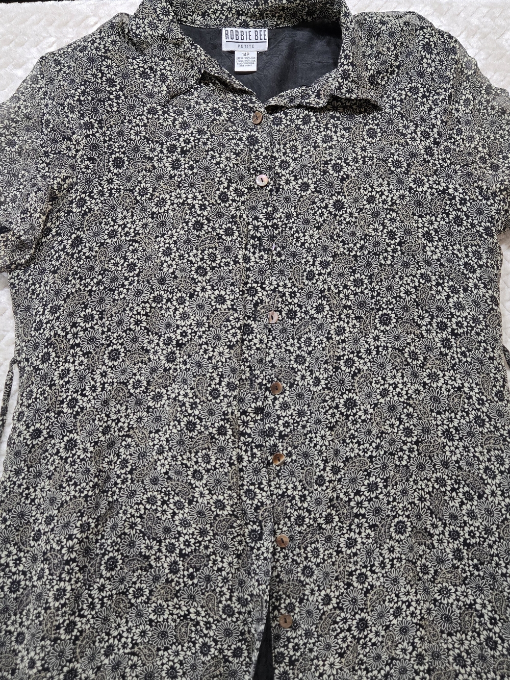 Robbie Bee Black and Cream Floral Button-Down Shirt